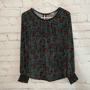 Loft Floral Black Blue Red Long Sleeve Blouse